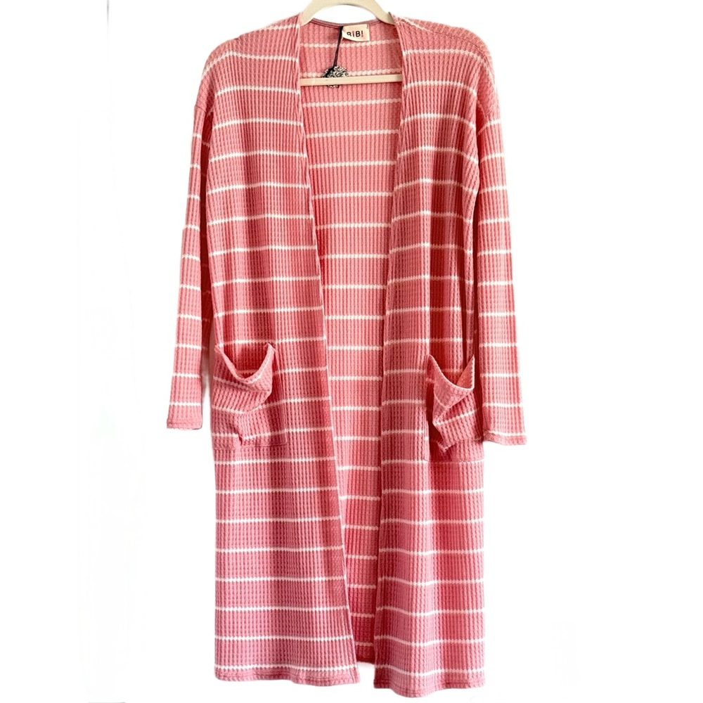 🌼 BiBi Pink and White Striped Waffle Knit Kimono Cardigan